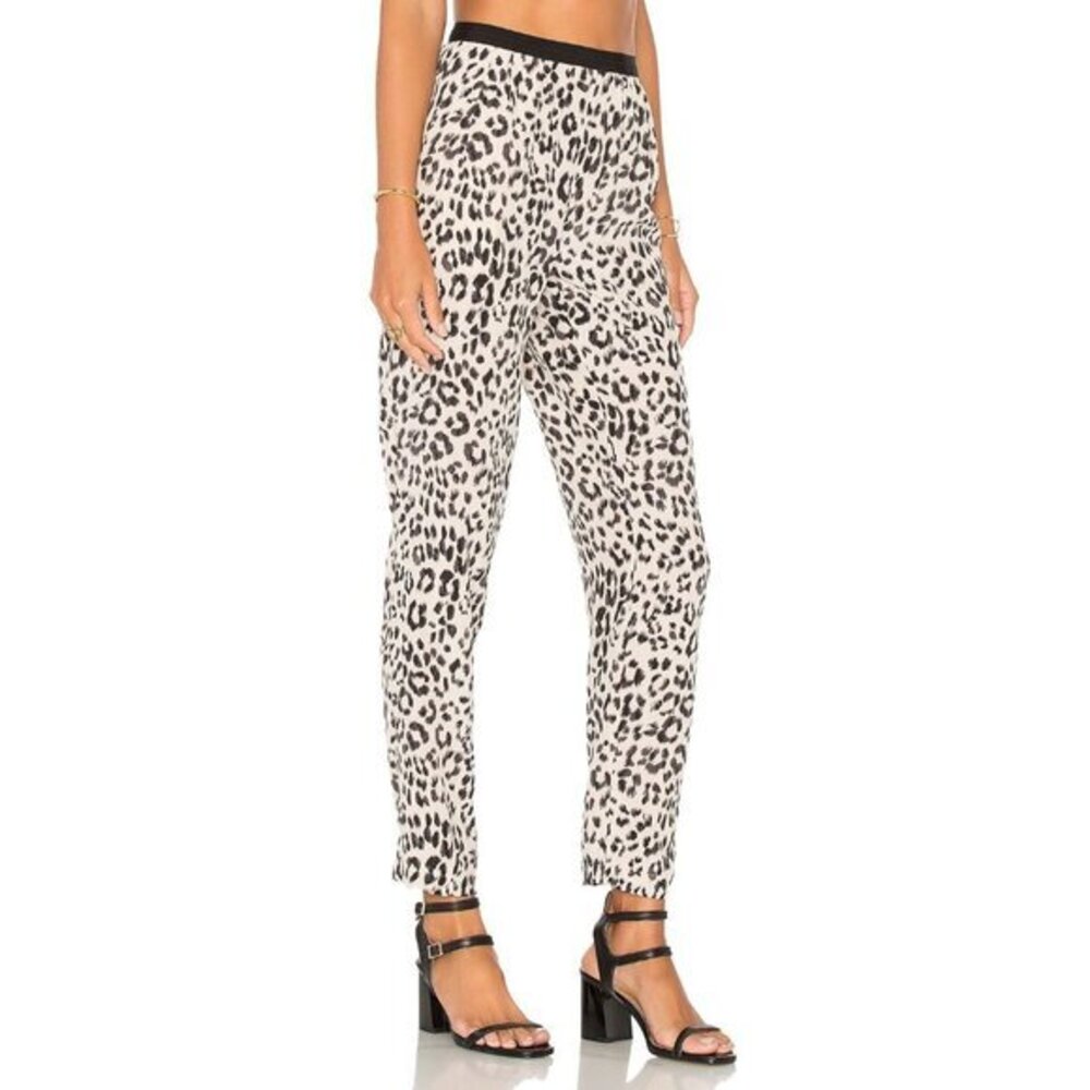 Joie Pants Salma Animal Print 100% Silk Pant Elastic Waist Black Beige SZ S New
